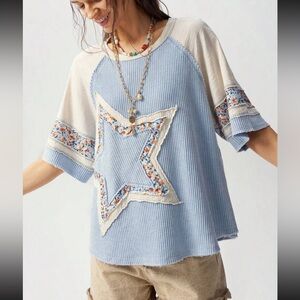 Star patchwork top short sleeve Blue Cream Star Patterned Women's Top